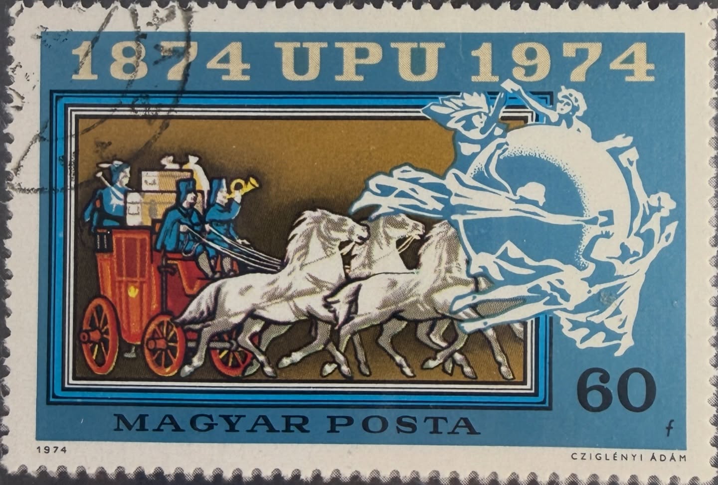 ✉️ 1874: el mundo se une por el correo

Esta estampilla de 60 fillér, emitida en 1974 por Magyar Posta (Hungría), conmemora el centenario de la Unión Postal Universal (UPU).

La diligencia en pleno galope simboliza los inicios del correo organizado, mientras la figura alegórica representa la unión internacional que transformó las comunicaciones para siempre.

Una pieza que conecta historia, transporte y cooperación mundial en un solo diseño. 🌍

#Filatelia #HistoriaPostal #UPU #MagyarPosta