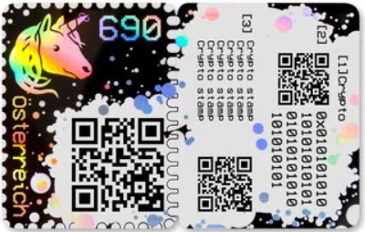 Crypto Stamp 1.0 de Austria con el unicornio y el bloque de códigos raspables
