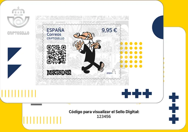 Tarjeta del criptosello de Mortadelo con código QR